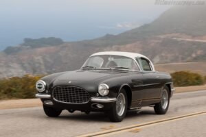 Two side-by-side views of the 1954 Ferrari 250GT Barchetta Europa showcase its sleek design and vibrant red finish from different angles.